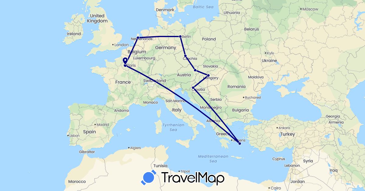 TravelMap itinerary: driving in Austria, Czech Republic, Germany, France, Greece, Croatia, Hungary, Netherlands (Europe)